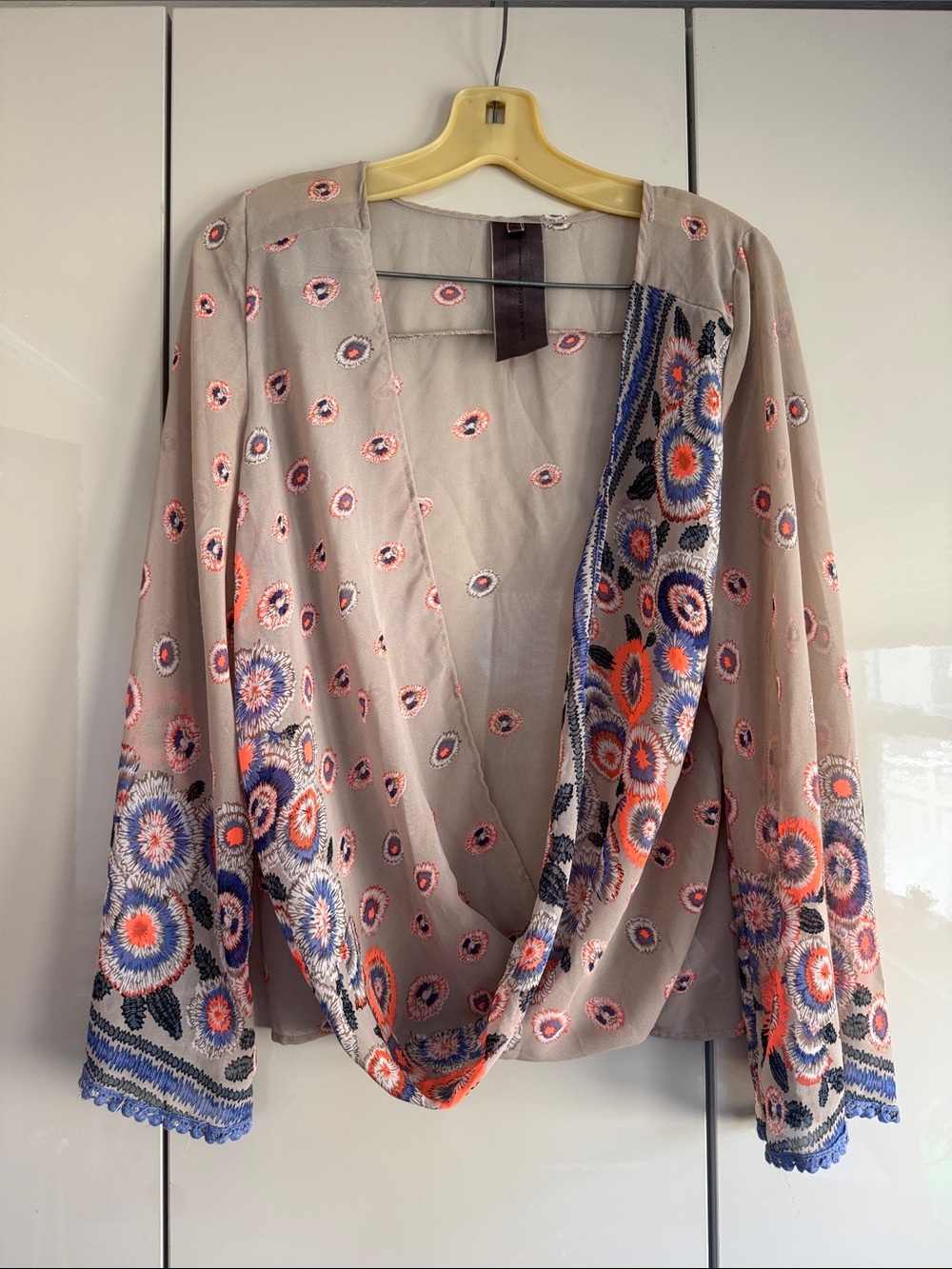 Sheer moon Collection Floral Drape Front Blouse - Beige with Coral & Blue